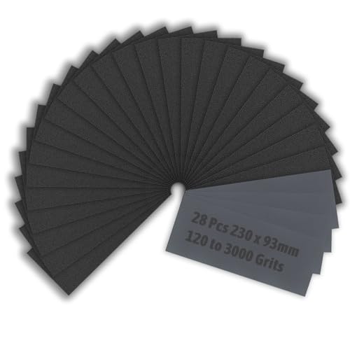28 Sheet Sandpaper 120 To 3000 Assorted Grits 23 x 9 cm Wet and Dry Sandpaper for Cars Polishing Metals Walls Wood Furniture Sanding