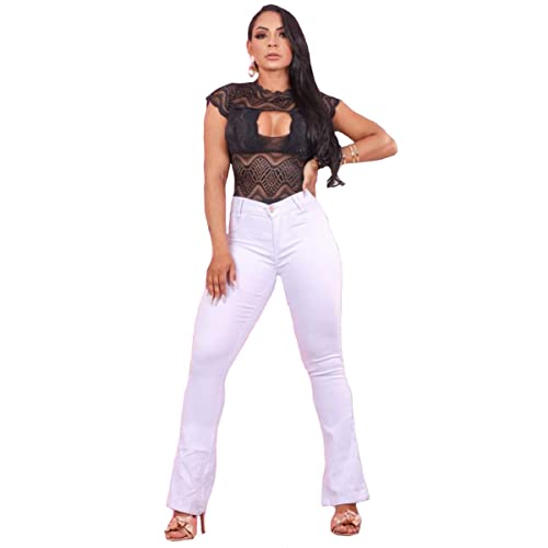 Kit 4 Calça Flare Feminina Jeans Com Licra Levanta Bumbum Azul Marinho-Branco-Preto-Azul Escuro Amac