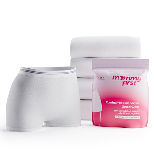 Image of Mommy First® High-Waisted Postpartum Underwear | Soft, Breathable, Stretchable Hospital Panties for C-Section & Vaginal Delivery Recovery | Disposable & Washable | Waist 28" to 40" | Pack of 4 White