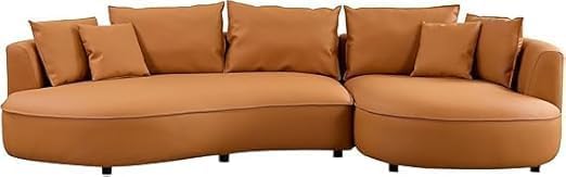 Image of Modern Curved White Sofa Couch with Plush Pillows - 4 Seater Upholstered Living Room Sofa | Contemporary Minimalist Design for Home, Office & Lounge. (Orange RHS.)