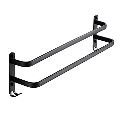 Toallero de baño montado en la pared de aluminio negro con 2 barras y gancho, diseño resistente a la decoloración para ahorrar espacio y nización eficientes