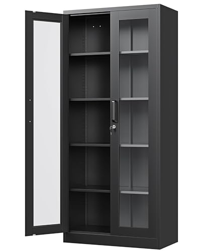 PEUKC Display Cabinet with Glass Doors, 67 Inches Metal Display Case with Lock and 4 Adjustable Shelves, HD Tempered Glass Curio Storage Cabinet for Home, Office, Pantry, Assemble Required (Black)