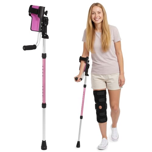 Carehofu Crutches for Adults 3-Angle Adjustable Forearm Crutches Non-Slip Handles with EVA Elbow Support Ergonomic Forearm Crutches for Leg Injury Surgery Recovery Disabled Not a Pair (Pink)