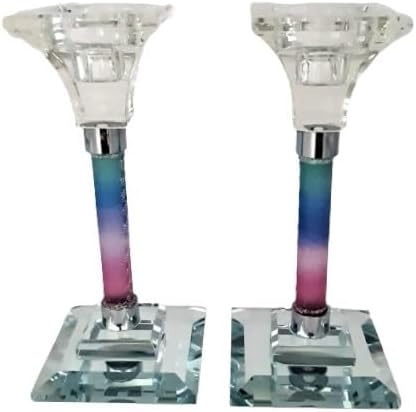 Contemporary Painted Crystal Candlestick Set for Shabbat or Holiday Handmade Original Judaica Art (Blue)