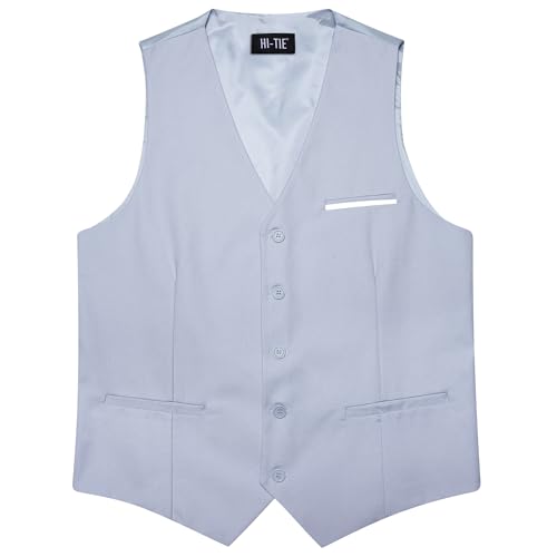 Image of Hi-Tie Men's Formal Suit Vest Solid Fit Vest for Men 3 Pockets V Neck Waistcoat Business Wedding Casual