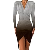 Abendkleid Damen Langarm Cocktailkleid Elegant V Ausschnitt Wickelkleid Partykleid Lang Kleid mit Farbverlaufsdruck Bodycon Kleid mit Schlitz Kleider Eng Festlich Minikleid