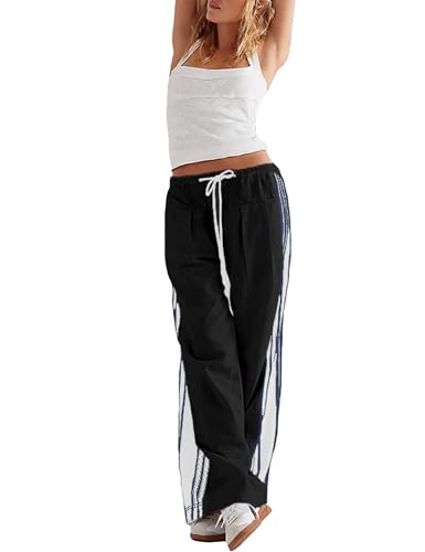 Palazzo Pants for Women Casual Wide Leg Parachute Y2K Pants Woman Drawstring Side Striped Baggy with Pockets3