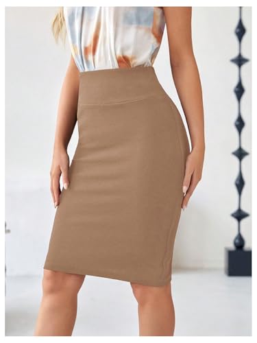 Floerns Women's Solid High Waisted Pencil Skirt Knee Length Office Skirts3