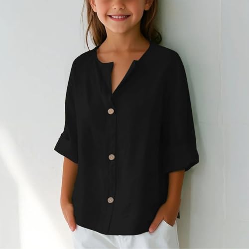Girls Cotton Linen Shirts Summer Henley Shirts Blouse Long Sleeve Kids Lightweight Tops T Shirt Loose Fit with Pocket4