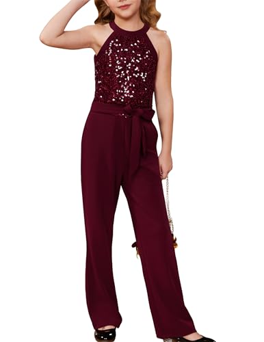 GRACE KARIN Jumpsuit Mädchen Festlich Einteiliger Overall mit Hoher Taille Spielanzug Outfits Ärmelloser Spielanzug Rundhals-Bodysuit Rot 6-7 Jahre
