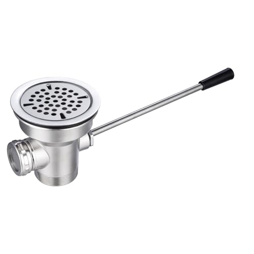 Image of 3-1 /2 inch Commercial Sink Drain with Overflow, Lever Handle Waste Drain Valve | Zn-alloy & Stainless Structure Chrome Finish for Restaurant Industrial Deep 3 Compartment Sink, 2 inch NPT Outlet Double-Thread