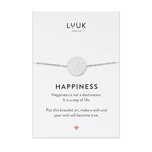 LUUK LIFESTYLE Pulsera de acero inoxidable con colgante mandala y tarjeta HAPPINESS, joya para mujer, idea de regalo para cualquier ocasión, amuleto de la suerte, cierre simple y resistente, plata