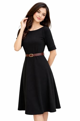 Image of Women's Elegant Midi Dress with Belt | Half Sleeve Fit & Flare Casual Dress | Knee Length Office Party Western Dress for Women