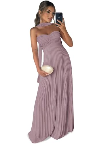 Long Chiffon Bridesmaid Dresses for Women Pleated Strapless Maxi Formal Evening Gown with Scarf