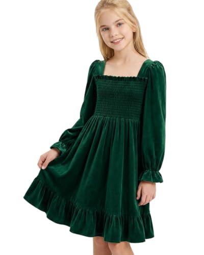 Image of FishingDino Girls' Velvet Dresses 5-12 Years, Long Puff Sleeve Kid Winter Dress with Elastic Cuff, Smocked Chest & Tiered Ruffle Hem Girl Clothes for Autumn Winter, Green, 11-12 Years
