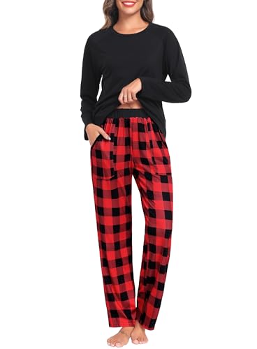 Lovasy Schlafanzug Damen Lang Schlafanzughose Karierte Pyjama Set Langarm Rundhals Winter Schlafanzüge für Damen Zweiteiliger mit Taschen,Rot,M