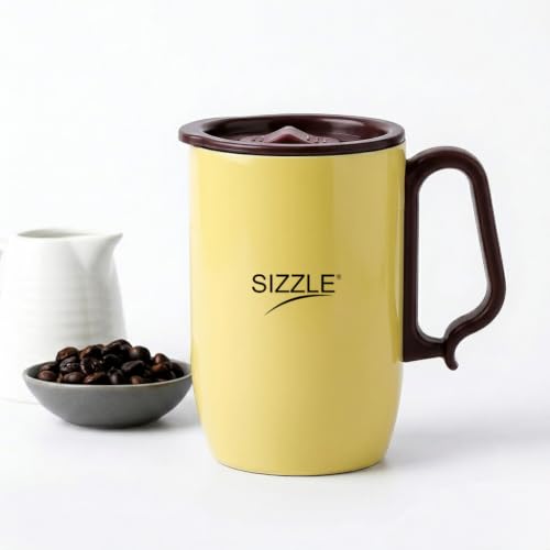 Image of Sizzle Stainless Steel Tea Coffee Mug with Lid, Wide Mouth, 400 ml Travel Mug for Men, Women & Kids, Gift Mug, Yellow