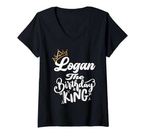 Mujer Logan The Birthday King Happy Birthday Shirt Hombres Niños Adolescentes Camiseta Cuello V