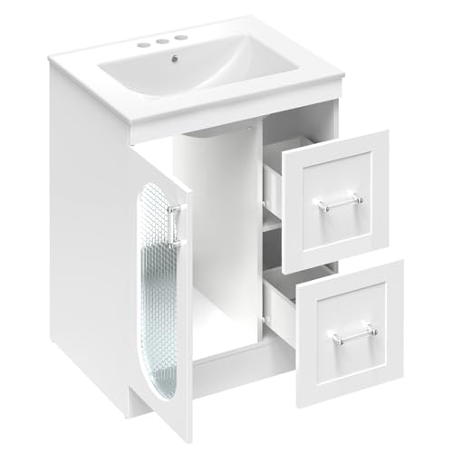 Sweetcrispy 24" Modern Bathroom Vanity with Ceramic Basin, Undermount Vanity Sink Cabinet with 1 Door and 2 Drawers, Free Standing Bathroom Storage Cabinet with Sink Combo Set, Ivory by Sweetcrispy - Image 6