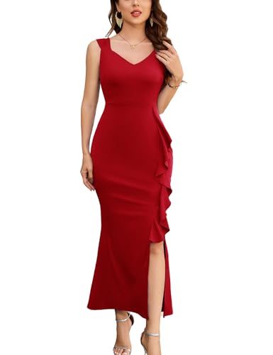 Image of Dressystar 2026 Women's V Neck Bodycon Mermaid Formal Evening Maxi Dress | Summer Wedding Guest,Cocktail Dresses for Women,Long Gown,Mermaid Split Ruffle Design ,Sleeveless,comfort and medium stretch