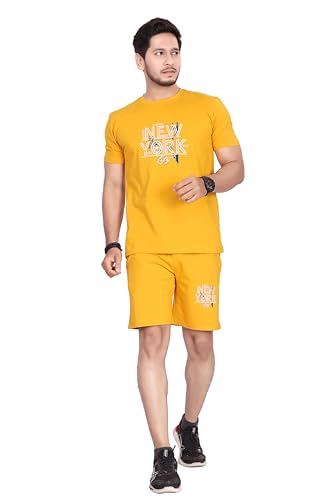 Image of HOODMASTER Men's Cotton Night Suit Set of Top & Knee Length Shorts with Round Neck Half Sleeves Solid Pattern Regular Fit and Standard Length | Mens Cotton Night Suit | T-Shirt and Shorts Sets