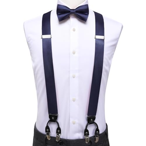 Image of Hi-Tie Men Suspender Bowtie Set Suspenders Pre-tied Bow Tie Pocket Square Cufflinks Adjustable Y Shape 6 Clips Braces Tuxedo