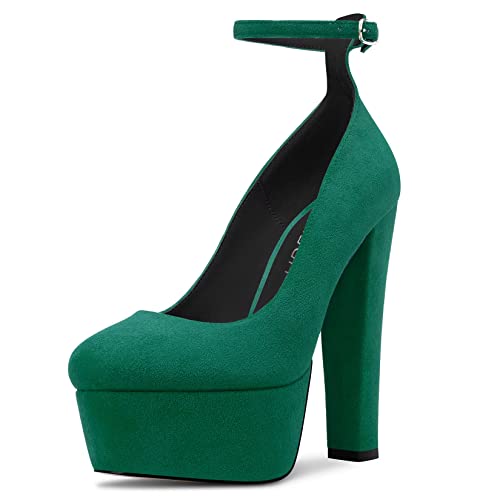 HDEUOLM Women Chunky Block High Platform Heel Round Toe Pumps Ankle Strap Wedding Dress Shoes