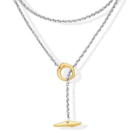 FILMOON Two Tone Long Necklaces for Women Silver And Gold Lariat Y Necklace Adjustable Layered Chain Fashion Dainty Jewelry