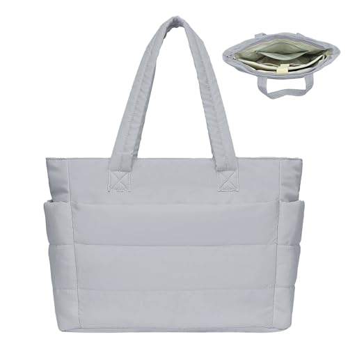 JHhomezeit Puffer Tote Bag for Women-Large Work Tote Bags Quilted Lightweight Puffy Bags Shoulder Bag with Laptop Compartment Gray