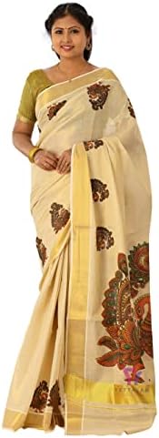 Women's Mural Printed Kerala Gold Tissue Saree with Running Blouse