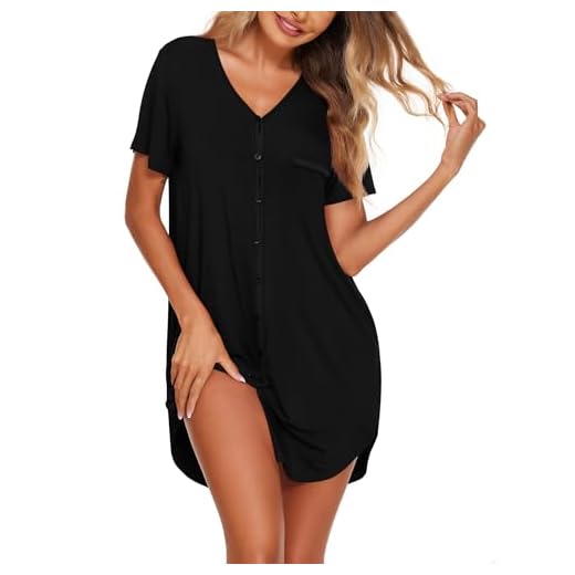 Avidlove V Neck Sexy Sleepwear Shirts Short Sleeve Pajama Dress Button-Front Nightshirt,Black,X-Large