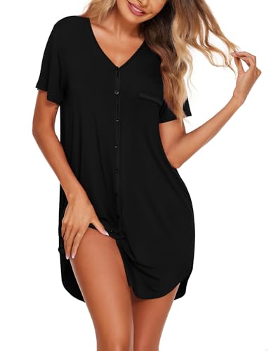 Image of Avidlove Womens Nightgown Button Down Sleep Shirts Short Sleeve V Neck Boyfriend Night Shirt Comfy Sleepwear