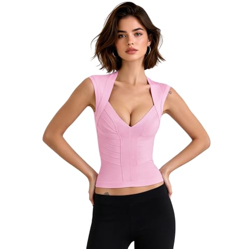 HQBORY Women's Pink Summer Deep V Neck Bandage Tank Top Sleeveless Form Fitting Bodycon Corset Top for Party Night Out (XS,Pink)