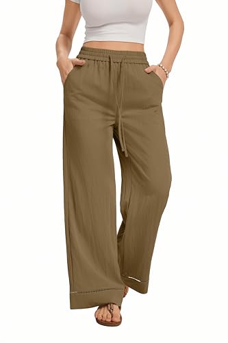 Image of KICZOY Women Flowy Pants Drawstring Waist Wide Leg Palazzo Beach Pants Loose Fit with Pockets