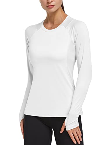 BALEAF Women's Long Sleeve Workout Tops Moisture Wicking Running Shirts with Thumbholes White S