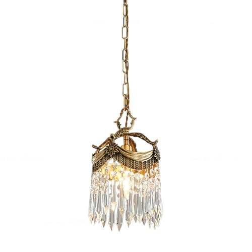 French Vintage Crystal Pendant Light Brass Hanging Lamp Art Deco