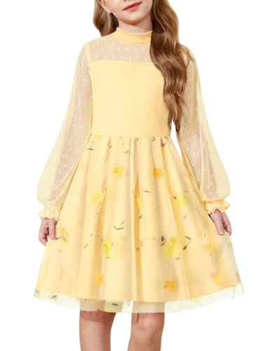 Image of Arshiner Girls Dresses Contrast Mesh Puff Long Sleeve Formal Party Dress