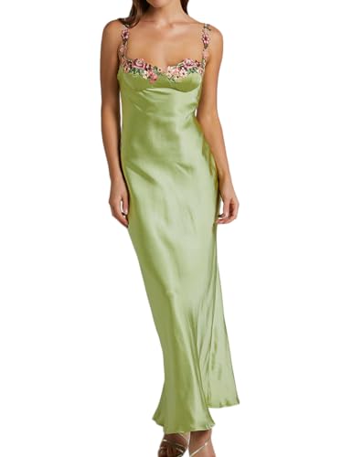 Sexy Satin Spaghetti Strap Floral Embroidered Maxi Dress for Women Sweetheart Neckline Backless Sleeveless Slit Midi Dress