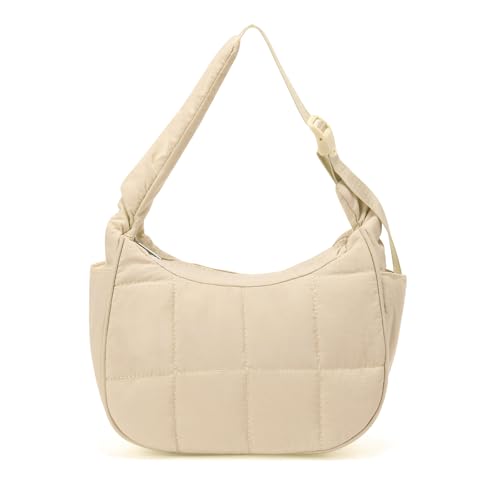 Image of Small Puffer Crescent Underarm Shoulder Bag for Women, Nylon Quilted Purses Handbags with Adjustable Strap, Khaki