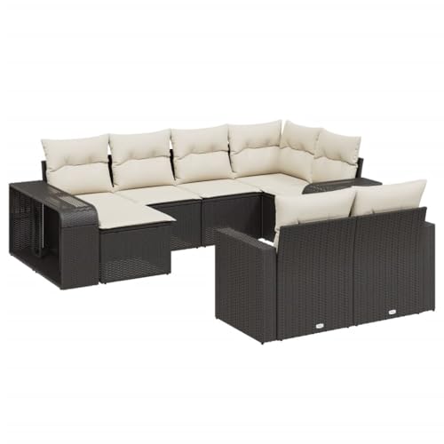 vidaXL 10-Piece Garden Furniture Set - Black Poly Rattan with Cream White Cushions - L-Shape Sofa, Corner Sofa, Middle Sofa, Stool, Shelves - Weather-Resistant, Easy to Clean