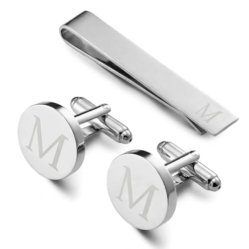 Gemelos y pasador de corbata para hombre, Gemelos personalizados para boda, banquete, ceremonia, negocios (Plata-M)