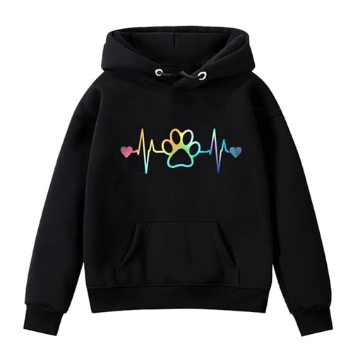 Generisch Mädchen Jungen Hoodie Lässige Kapuzenpullover Casual Hundepfote Elektrokardiogramm Druck Sweatshirt Kuschel Rundhals Langarm Oberteile Mit Taschen Kinder Pullover Top für 1-14 Jahre Alt
