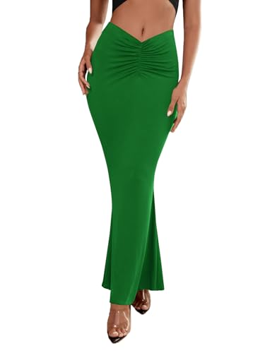 Women's Casual High Waist Ruched Stretchy Bodycon Maxi Long Skirt