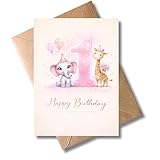 WBdesignz 1. Geburtstag Karte mit Umschlag - Süße Glückwunschkarte zum ersten Geburtstag mit Tiermotiv Elefant & Giraffe - Kindergeburtstag - Für Mädchen, Kinder, Eltern, Familie & Freunde (DIN A6)