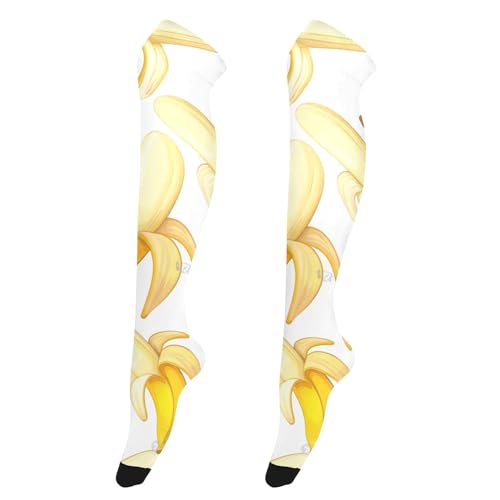 Bright Yellow Banana White Cute above Knee Stockings Thigh High Stockings Women Accessories for Girls Socks, Bright Yellow Banana White, Bright Yellow Banana White, Medium