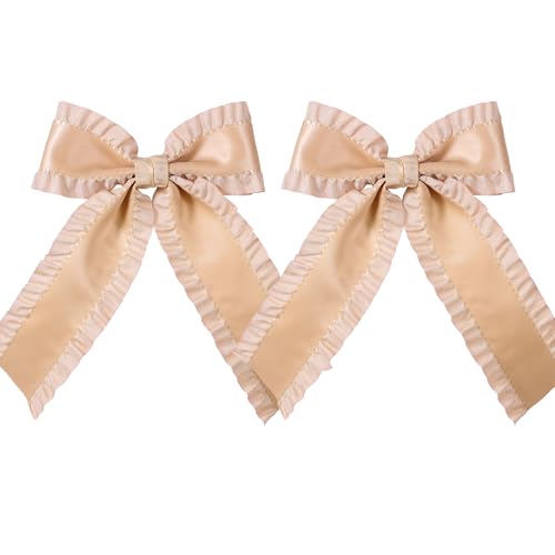 Cinta de satén con volantes de color marrón claro de 10 cm, pinzas para el pelo, cola larga, satén sedoso, borde de lechuga femenino, moño femenino, pasadores de cocodrilo para adolescentes, niñas y