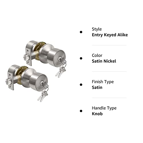 Bestten [2 Pack] Geneva Series Keyed Alike Entry Door Knob Set With Key, Entrance Door Lock For Front Door, All Metal, Satin Nickel #TOP7
