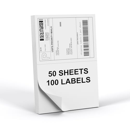 Image of Half Sheet 8.5x5.5inch Shipping Mailing Label 100 Counts, 2 Labels Per Sheet 8.5 x 11 for Laser & Inkjet Printer, Permanent Adhesive Label Square Corner (50 Sheets)