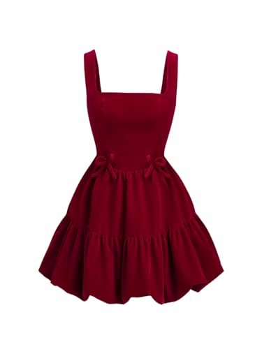CIDER Mini Dress Velvet Lace Up Bowknot Square Neck A Line Dresses Party Cocktail Short Dresses for Women