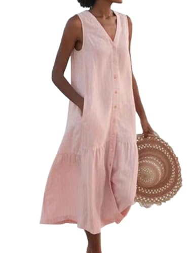 Onsoyours Sommerkleid Damen Leinen Kleider Casual Lockere Lässige Lang Kleider Ärmelloses Strandkleid Leinenkleid Blusenkleid Freizeitkleid mit...